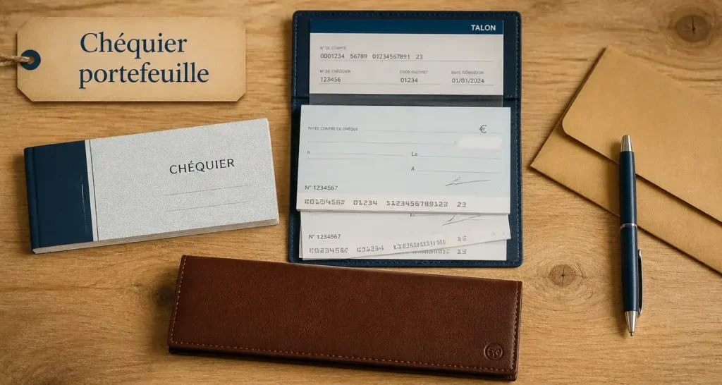 Chequier portefeuille ouvert sur table en bois, chèques et chéquier classique à côté