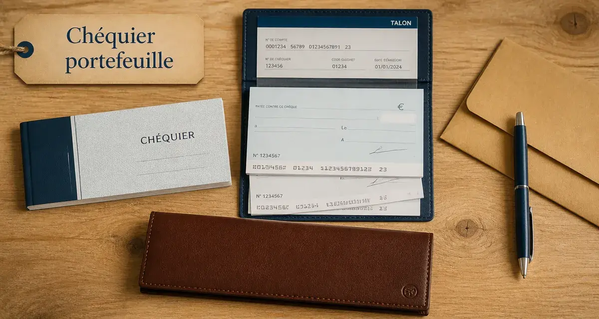 Chequier portefeuille ouvert sur table en bois, chèques et chéquier classique à côté
