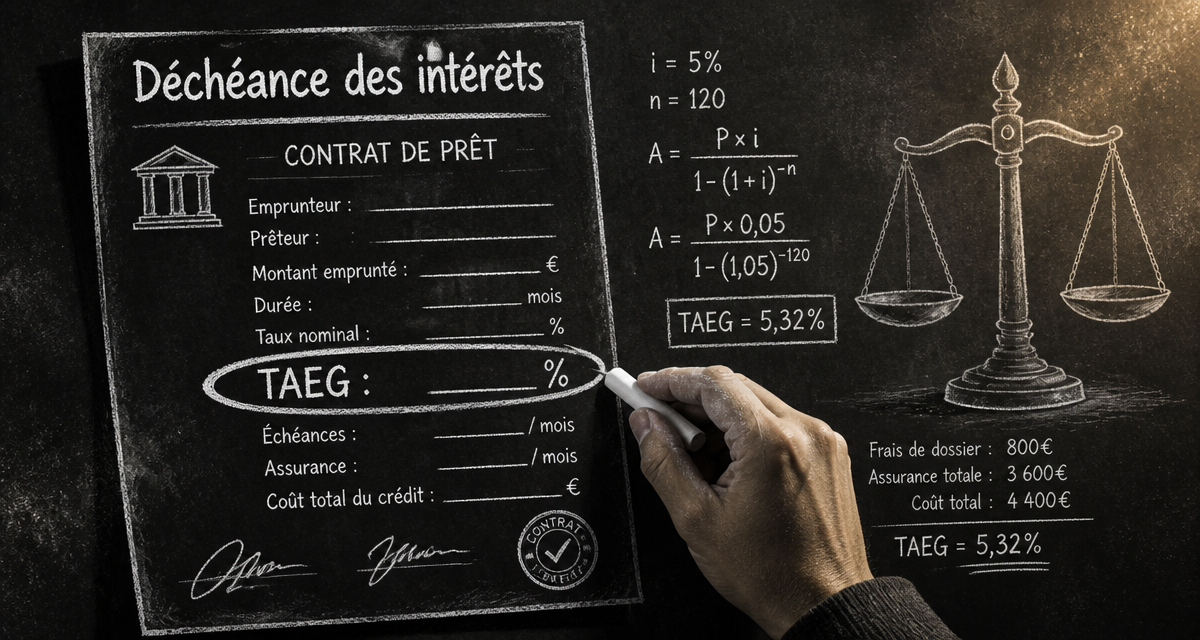 La déchéance du droit aux intérêts dessinée à la craie sur tableau
