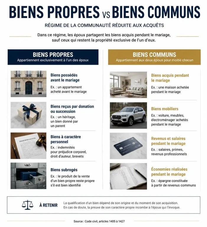 Schéma explicatif du régime de la communauté réduite aux acquêts : biens propres vs biens communs
