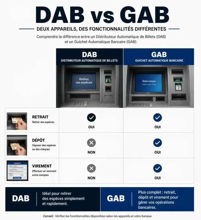 Infographie comparative des fonctionnalités entre un DAB et un GAB pour le retrait d'espèces et les services bancaires sur distributeurdebillets.fr