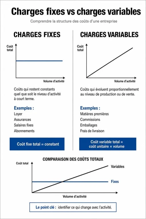 Infographie comparative des charges fixes et charges variables pour la gestion d'entreprise