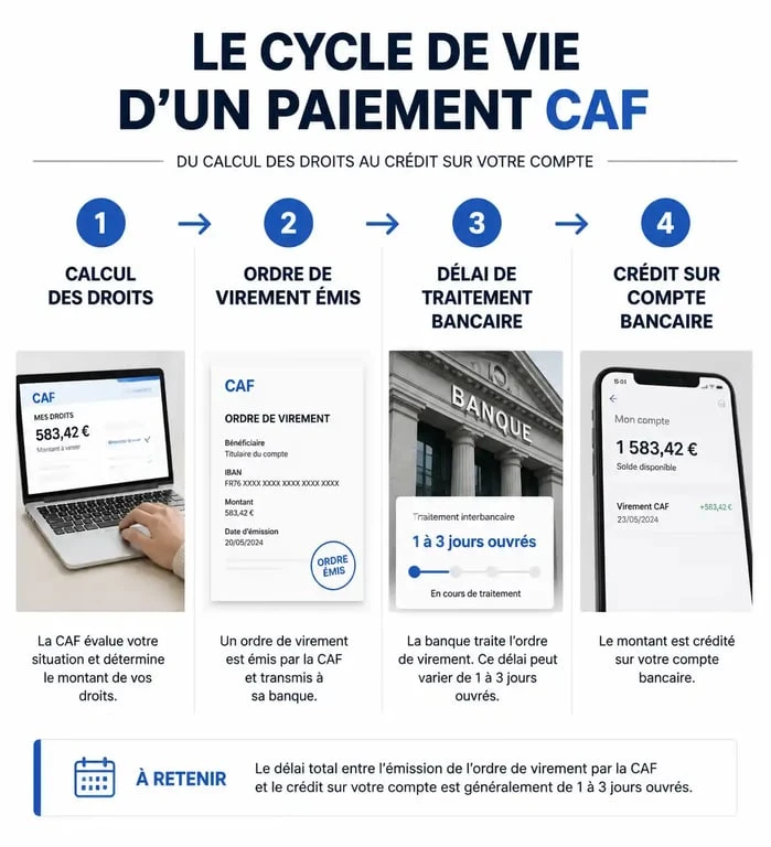 Schéma du processus de paiement CAF et délais de virement bancaire
