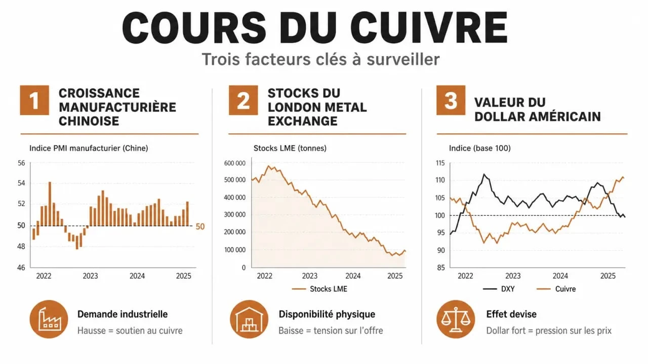 Infographie des facteurs influençant le cours du cuivre pour investir dans le cuivre