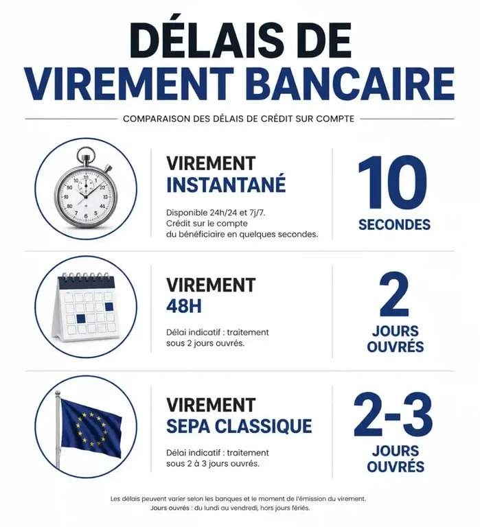 Comparatif des délais de virement bancaire Cofidis : virement 48h, instantané et SEPA