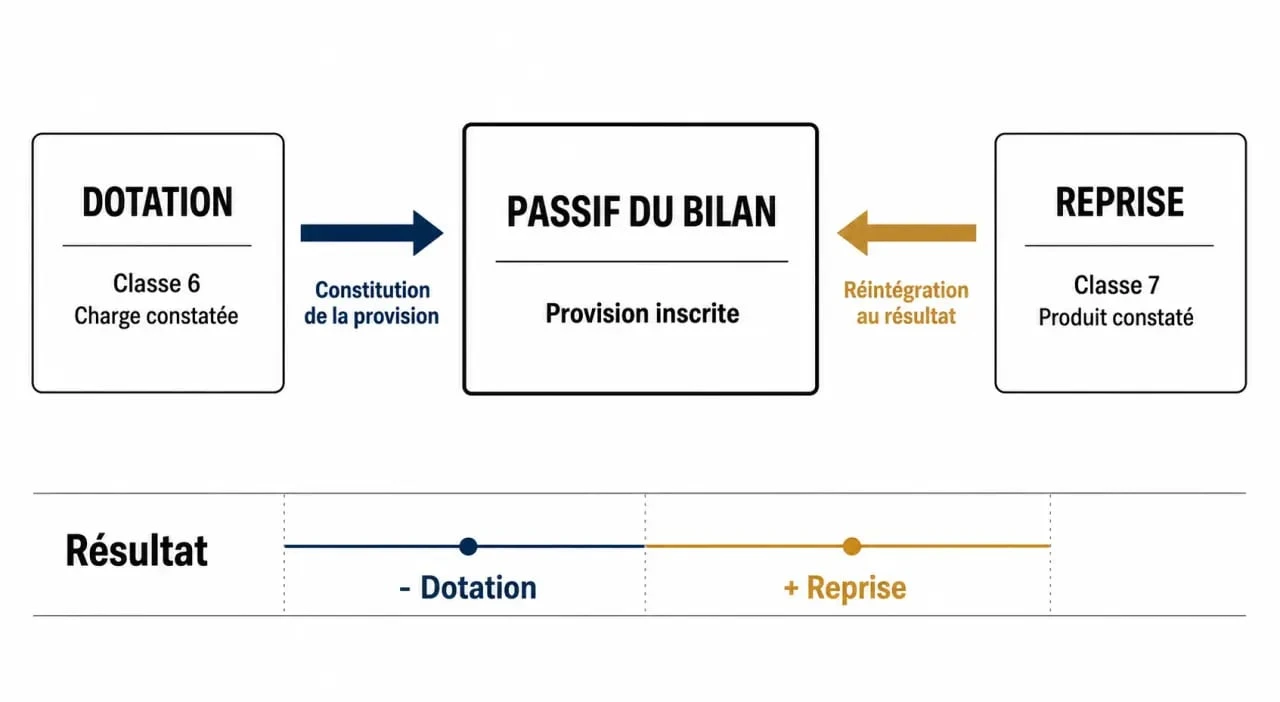 Schéma explicatif du cycle comptable : dotation et reprise de provision