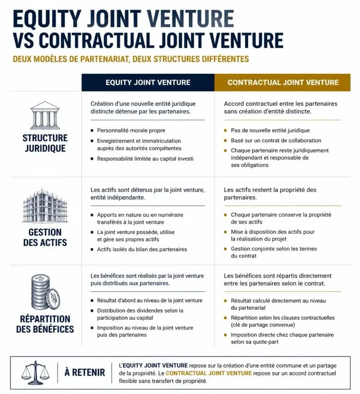 Comparaison entre Equity Joint Venture et Contractual Joint Venture pour la finance d'entreprise