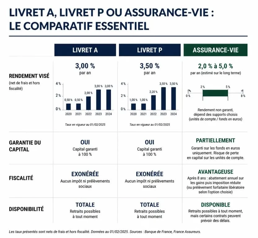 Comparatif des rendements et risques entre le Livret P, le Livret A et l'Assurance-vie pour choisir son placement.