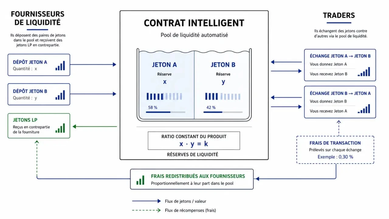 Schéma explicatif du fonctionnement d'une pool de liquidité pour le yield farming