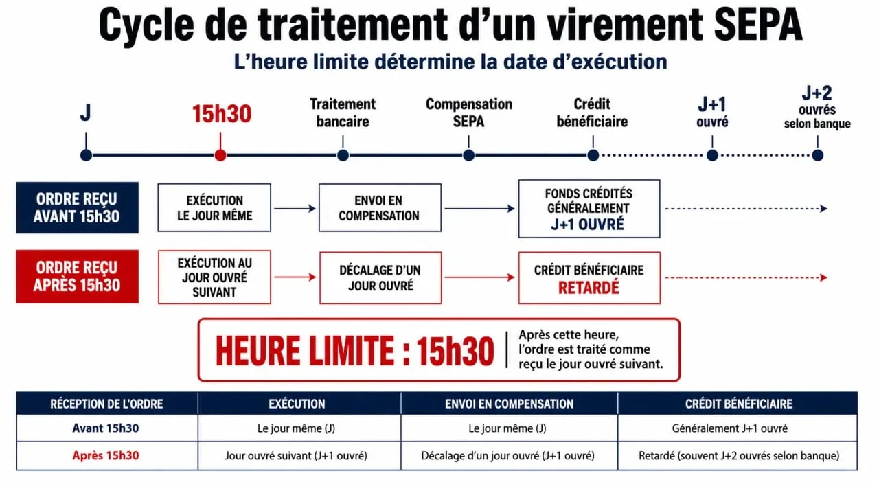 Infographie des délais de virement bancaire LCL et heure limite de cut-off
