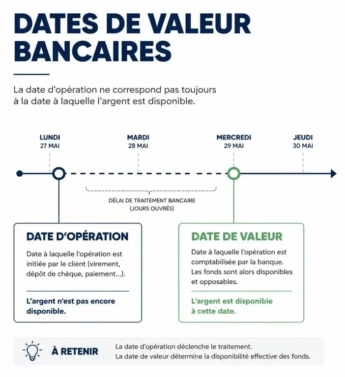 Schéma explicatif des dates de valeur et intérêts sur compte de particulier ADEL