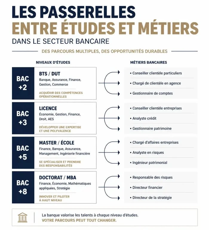 Infographie sur les formations et les métiers pour travailler dans les banques