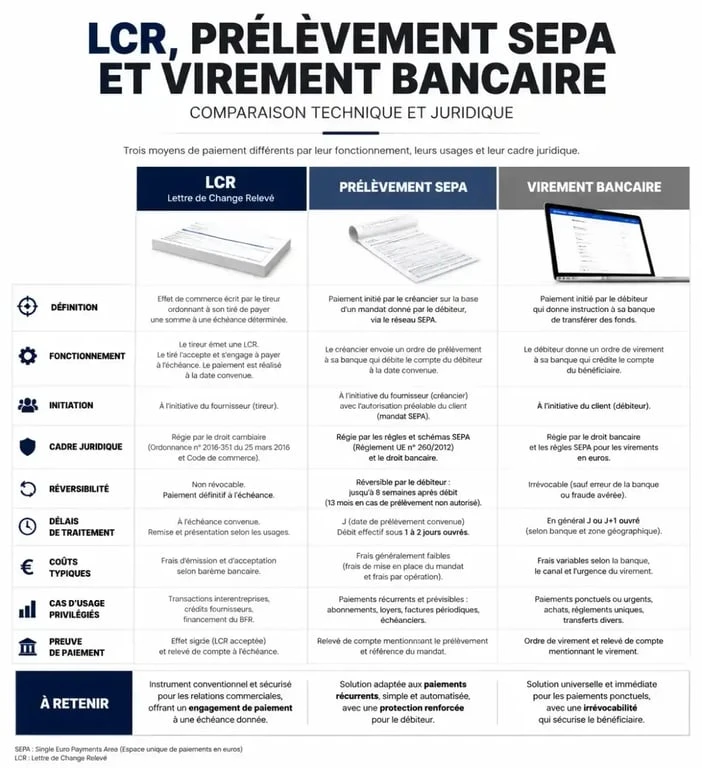 Infographie comparative des moyens de paiement professionnels : LCR, prélèvement SEPA et virement bancaire pour le prélèvement effet domicilié Crédit Agricole