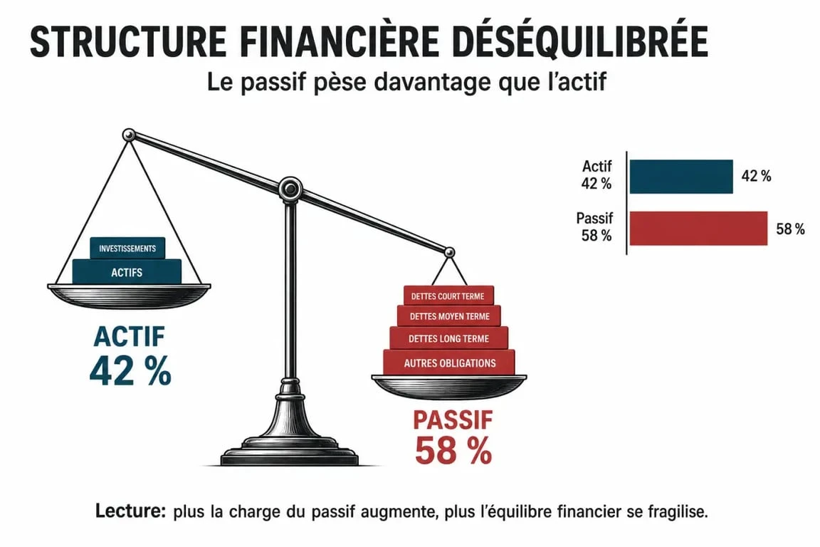 Infographie illustrant un bilan financier négatif avec passif supérieur à l'actif