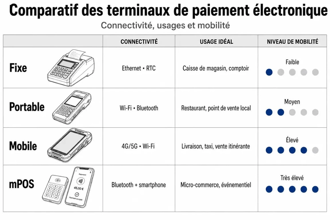 Infographie comparative des différents types de terminaux de paiement électronique TPE pour commerçants