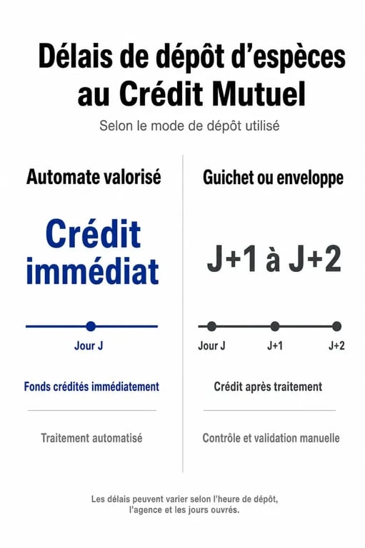 Infographie des délais de dépôt d'espèces au Crédit Mutuel : combien de temps pour que l'argent soit disponible sur le compte