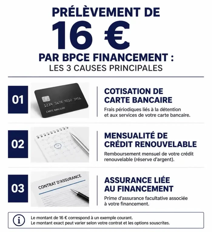 Infographie explicative des causes d'un prélèvement BPCE Financement de 16 euros sur un relevé bancaire