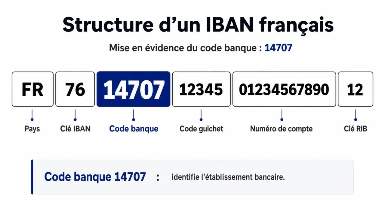 Structure d'un code IBAN français avec le code banque 14707 mis en évidence
