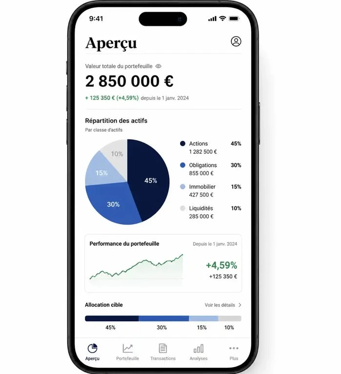 Interface de l'application mobile Linxea affichant le tableau de bord de gestion de patrimoine