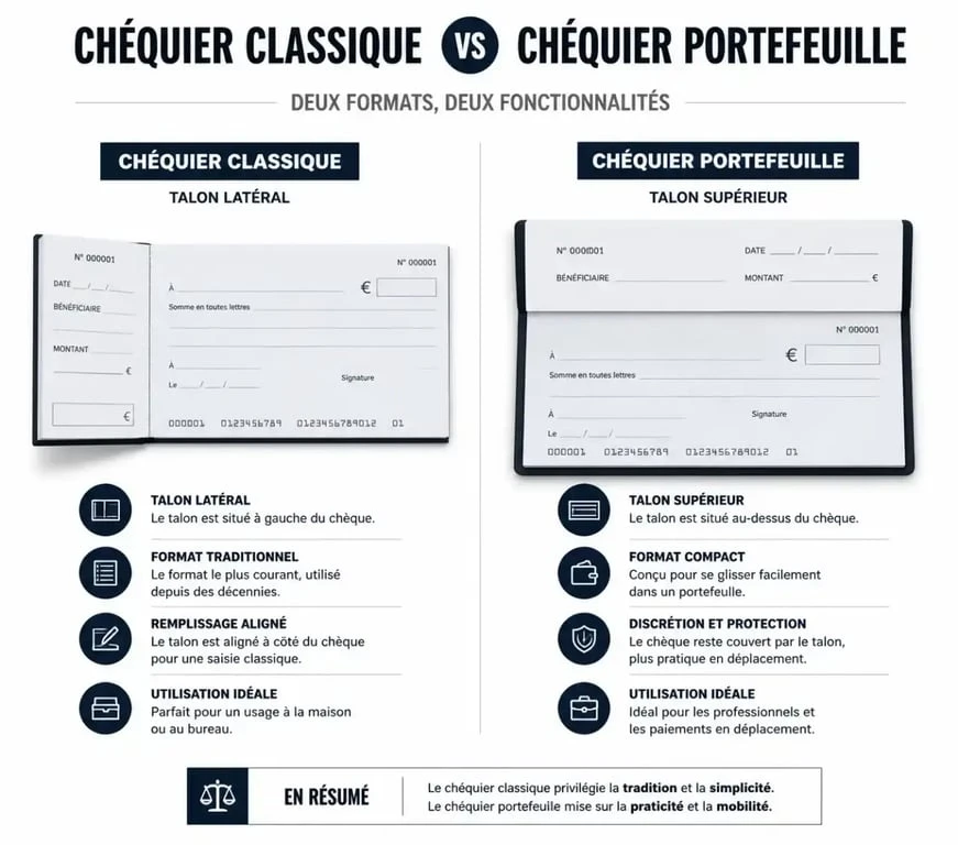 Comparatif visuel entre un chéquier classique et un chéquier portefeuille pour choisir le format adapté à ses besoins