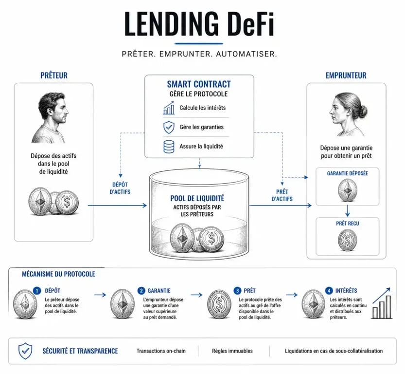 Schéma explicatif du fonctionnement du lending crypto et du prêt décentralisé DeFi