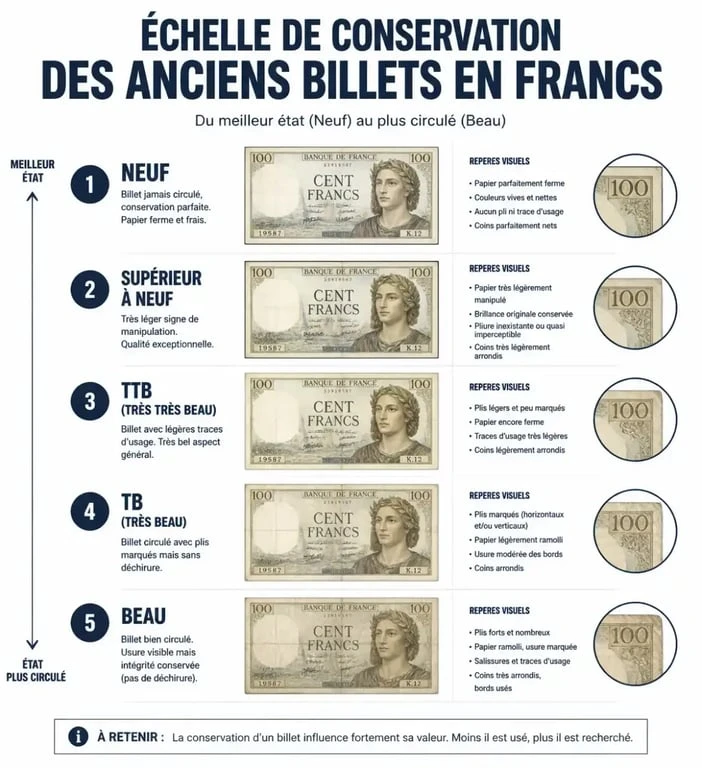Échelle de conservation des anciens billets en francs pour estimer leur valeur