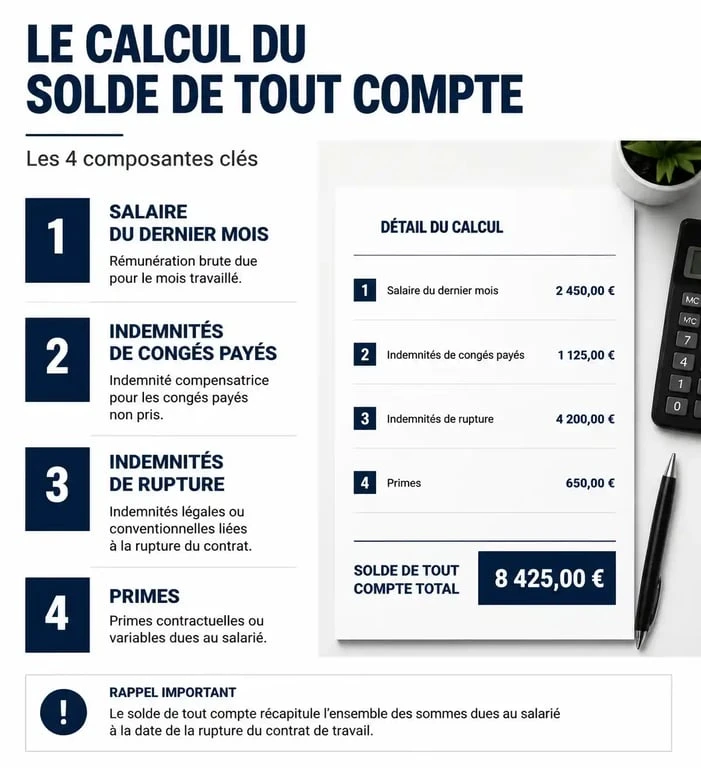 Infographie des étapes de calcul d'un solde de tout compte pour une feuille de calcul solde de tout compte