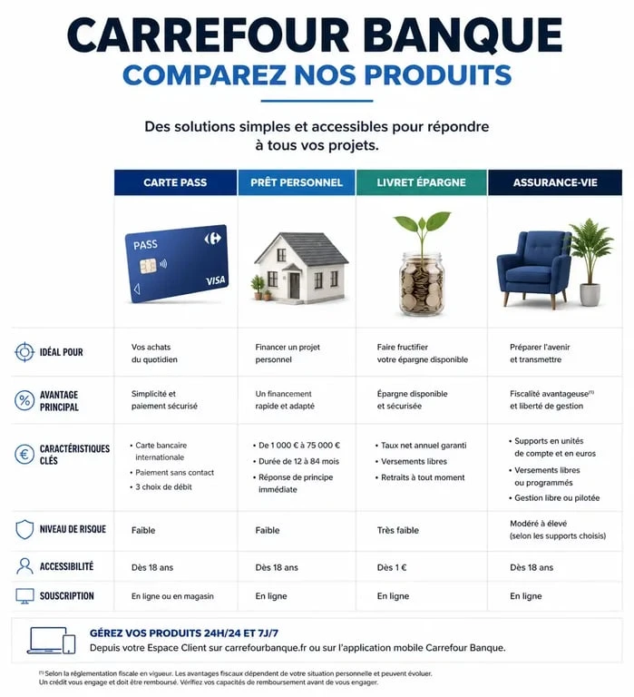 Infographie comparative des produits bancaires Carrefour Banque pour faciliter votre avis sur Carrefour Banque