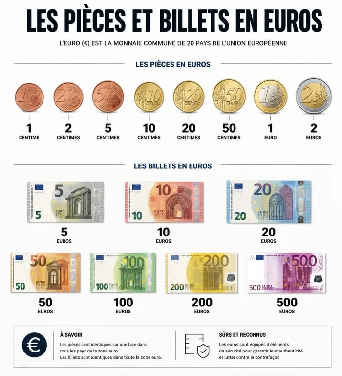 Infographie des pièces et billets en euros pour calculatrice en euros