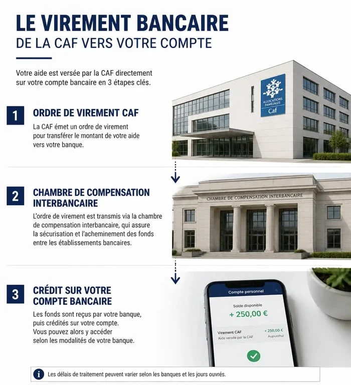 Schéma explicatif du processus de virement CAF effectué mais non reçu sur le compte bancaire
