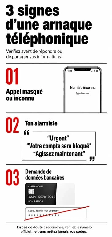 Infographie des signes d'alerte pour identifier une arnaque téléphonique de type Camobail