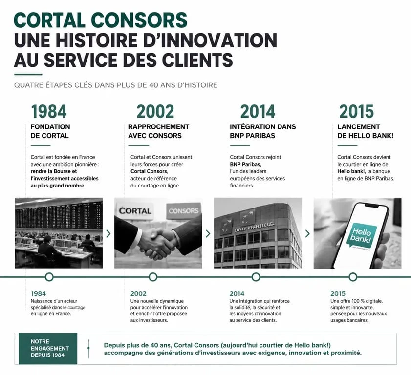 Frise chronologique de l'histoire de la banque en ligne Cortal Consors et sa fusion avec BNP Paribas
