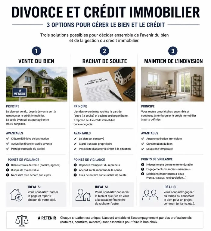 Infographie des options de gestion d'un crédit immobilier en cours lors d'un divorce