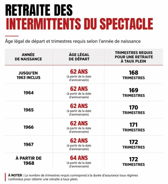 Infographie des âges de départ et trimestres pour la retraite des intermittents du spectacle