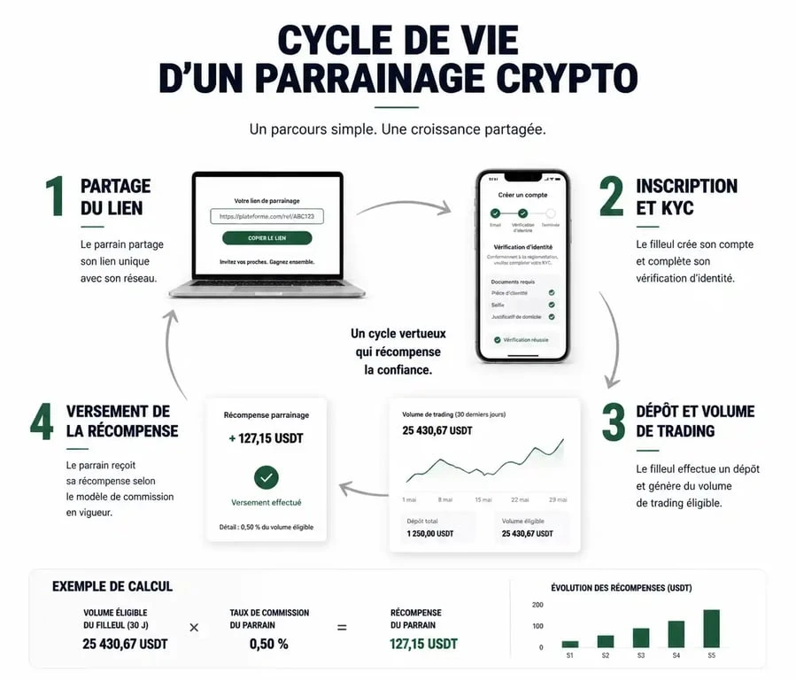 Schéma du fonctionnement du parrainage crypto : étapes pour obtenir une récompense