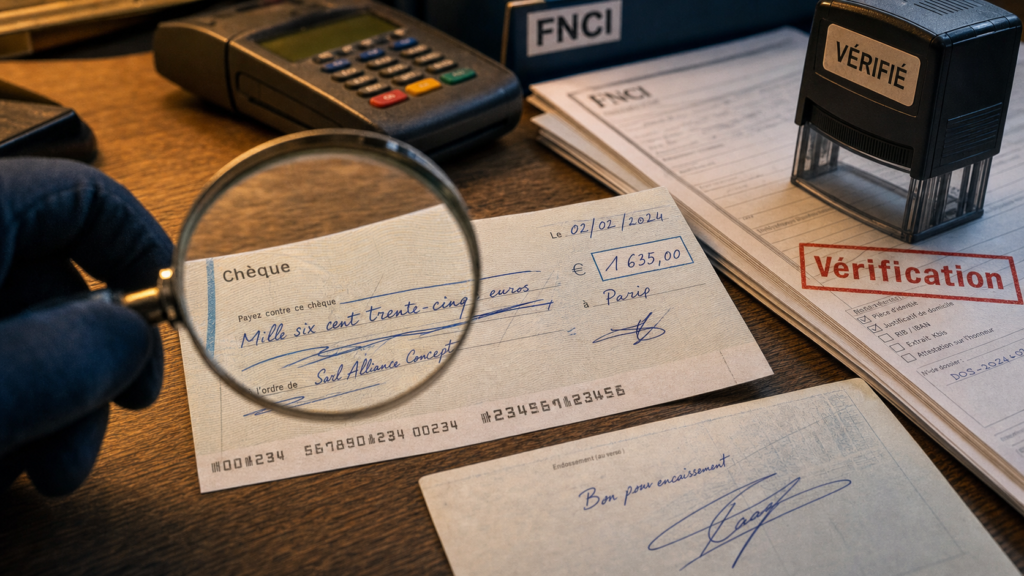 verification reglementaire cheque : loupe et tampon sur che6