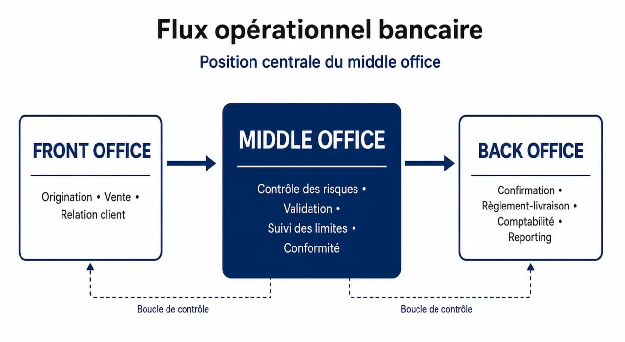 Schéma du flux opérationnel bancaire illustrant le rôle du middle office entre front et back office