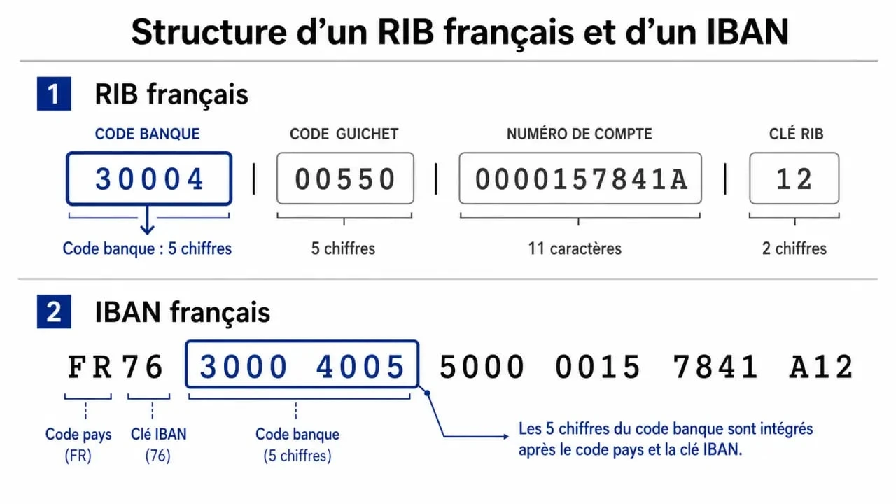 Schéma explicatif montrant où trouver le code banque sur un RIB et un IBAN