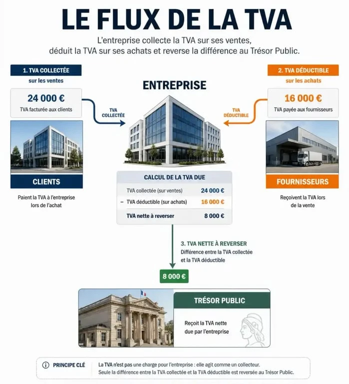 Schéma explicatif du mécanisme de la TVA collectée et de la TVA déductible pour les entreprises