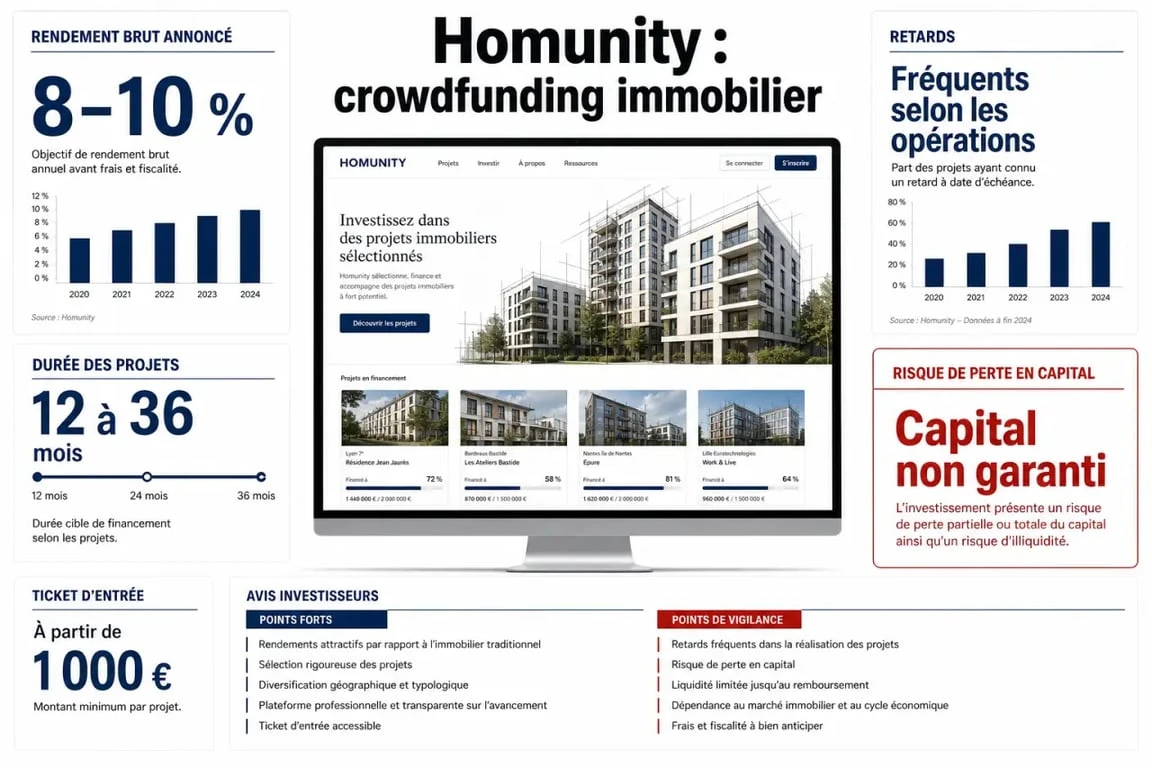 Homunity crowdfunding : infographie éditoriale sur le rendement, les risques et les avis
