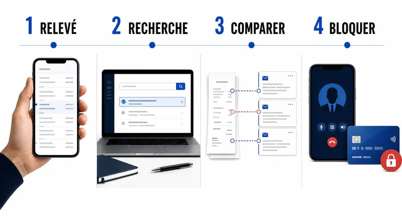 Retrouver origine paiement CB inconnu avec une illustration des étapes de vérification et de contestation