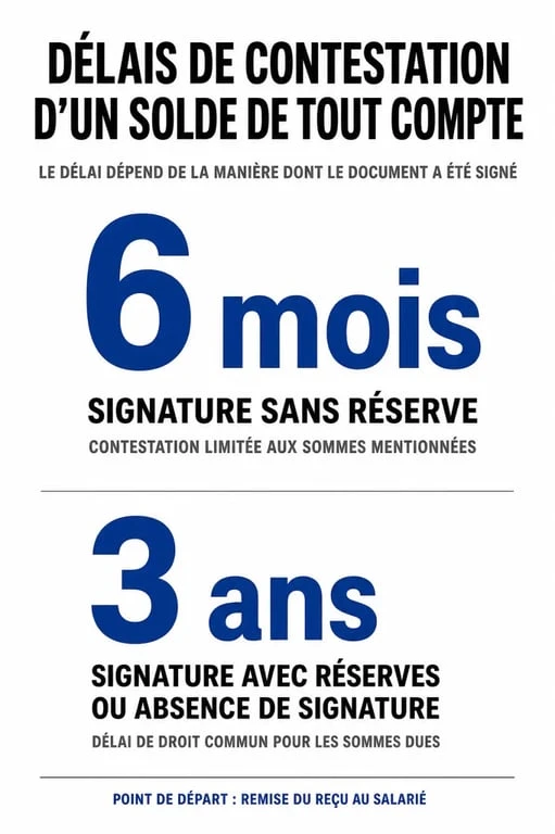 Infographie des délais de contestation du montant solde de tout compte selon le type de signature