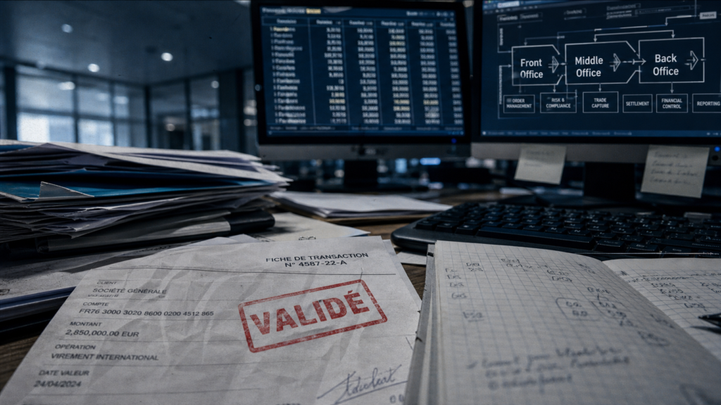 Middle office banque : validation transaction, contrôle et flux Front/Middle/Back