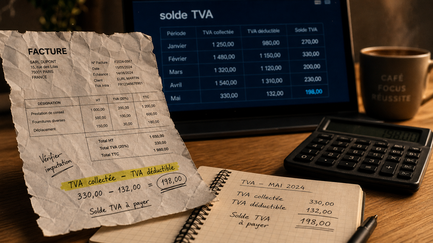 TVA collectée et TVA déductible calcul sur facture