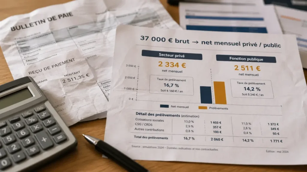 37000 brut en net : 2 374 € privé, 2 621 € public
