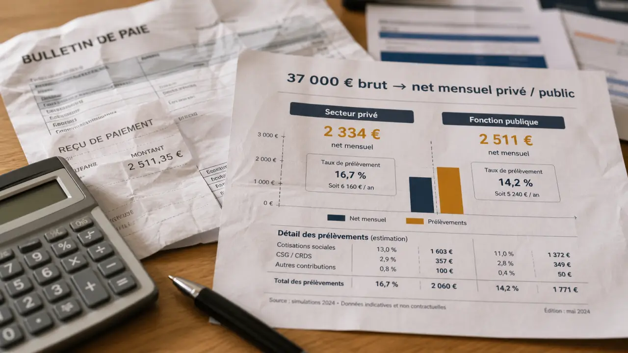37000 brut en net : 2 374 € privé, 2 621 € public