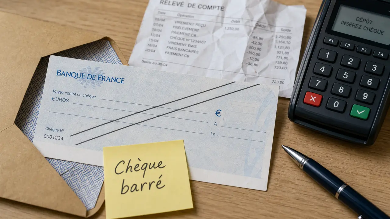 Chèque barré sur bureau, dépôt bancaire