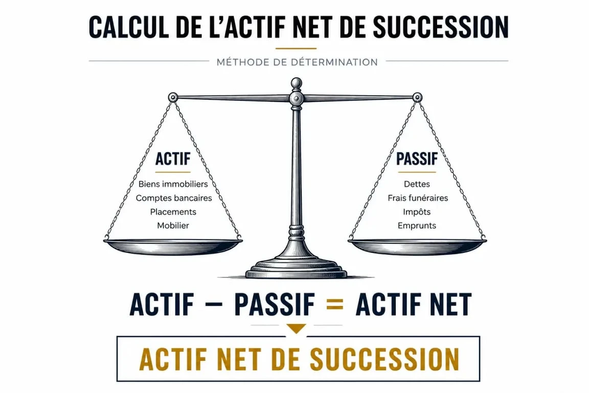 Infographie expliquant le calcul des droits de succession en Belgique : actif moins passif égal actif net.