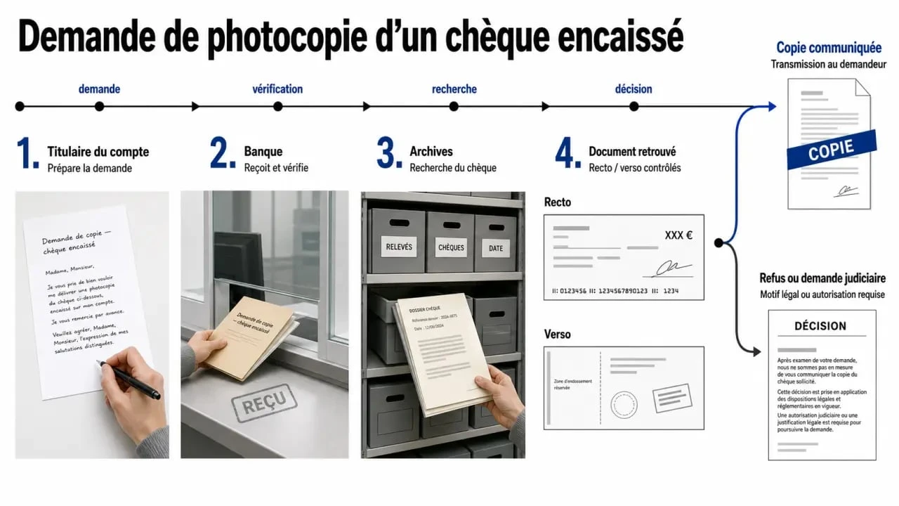 Obtenir la photocopie d’un chèque encaissé : schéma du parcours de la demande entre le client, la banque, les archives et les éventuelles suites en cas de refus