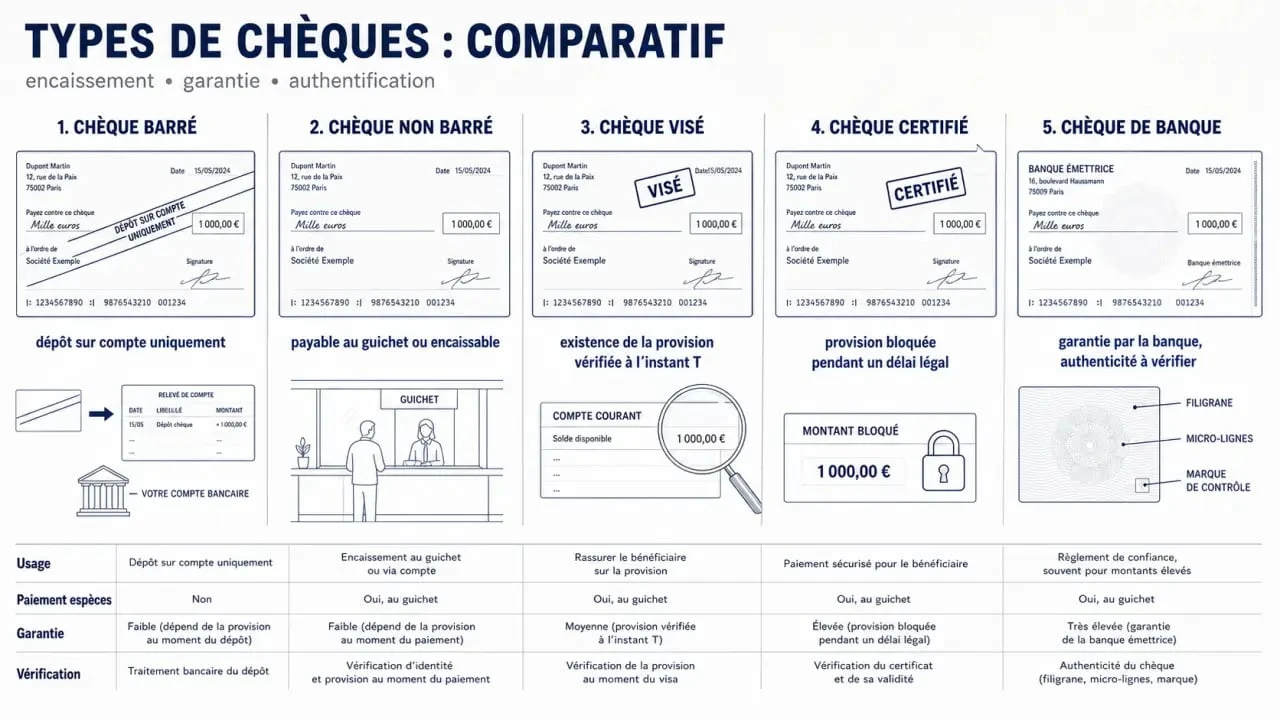 Comparatif du chèque barré avec le chèque non barré, le chèque visé, le chèque certifié et le chèque de banque